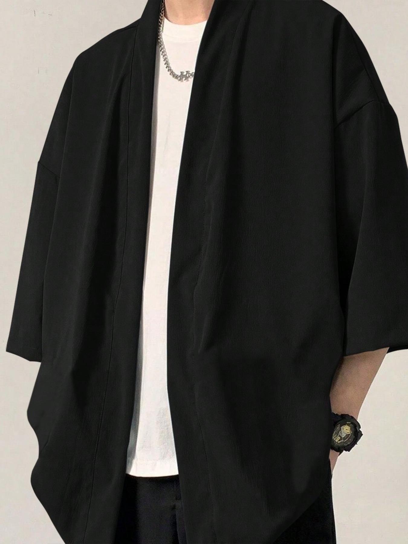 Men's Solid Color Open Front 3/4 Sleeve Loose Plain Shirt, Casual Comfy Top for Daily Wear, Men's Clothes for All Seasons