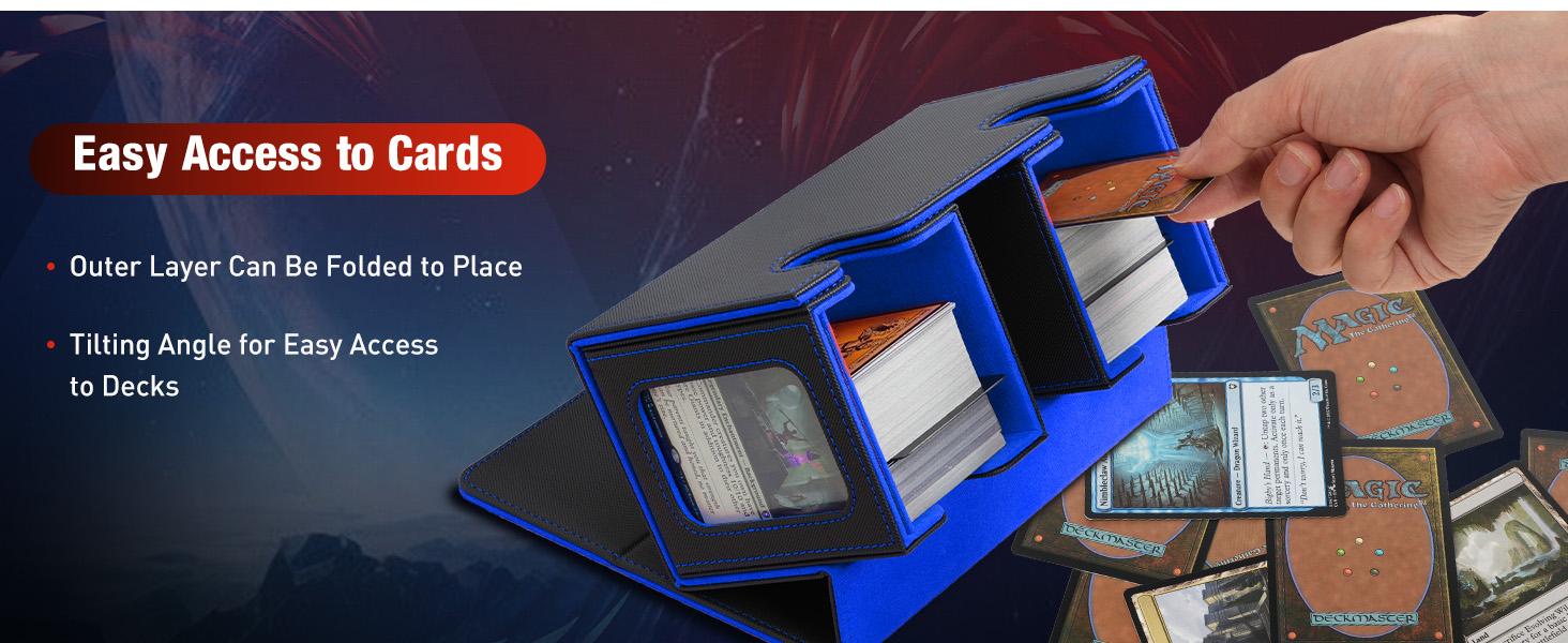 MTG Deck Box, Commander Deck Case Fits 200+ Double-Sleeved Cards, Magnetic Leather Card Storage Box with 2 Commander Display & 4Dividers & Dice Tray Fit YuGiOh TCG CCG Magic Cards, Black+Blue