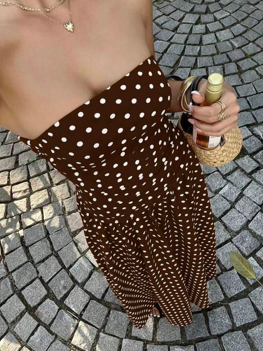 Women's Polka Dot Waist-Cropped Crop Top Dress, Vacation Style, Long Sun Dress, Casual Summer Midi Dress, Elegant Design