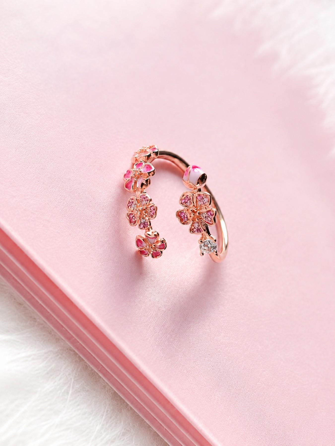 Floral Adjustable Ring for Women, Pink Flower Fashion Ring, Bohemian Fashion Ring, Copper Tone Delicate Blossom Jewelry, Feminine Daily Wear Ring, Elegant Fashion Rings