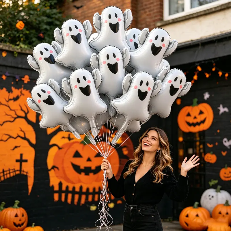 10Pcs Mini White Cute Ghost Balloons, Spooky Pumpkin Balloons, Halloween Decorations, Day of the Dead Decorations, New Year's Holiday Decorations