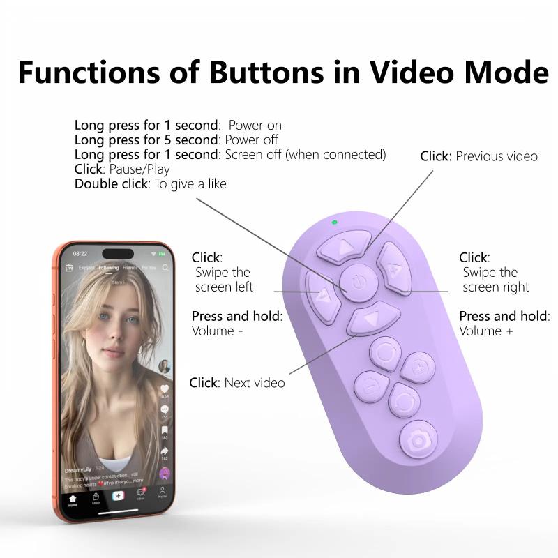 Bluetooth Remote for TikTok Scrolling, Page Turning, Volume Control & Camera Shutter | Hands-Free Phone Controller for iPhone & Android, 2026 Upgraded, Wireless Remote Control