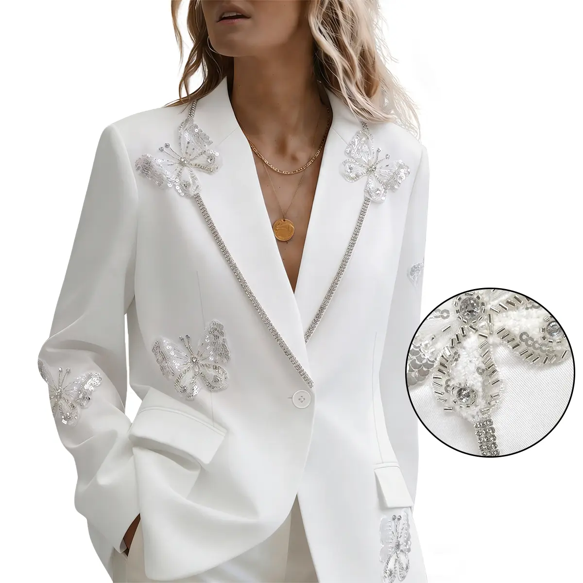 Women White Lapel Blazer Dragon And Phoenix Sequin Beaded Embroidery Decor Long Sleeve One Button Luxury Formal Party Business Suit Jacket
