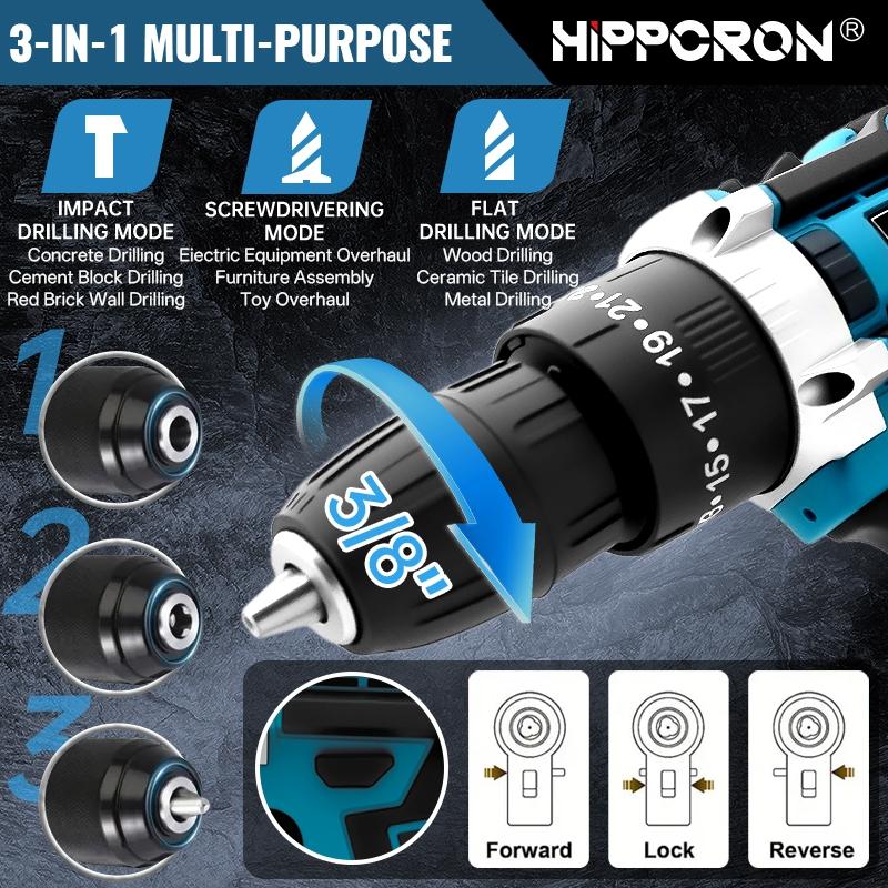 HIPPCRON 21V Cordless Impact Drill Driver Kit, 50N·m 25 GEARS+3 FUNCIONS Torque Settings with 3/8" Keyless Chuck, 800mAh Fast-Charge Battery & LED Light, Compact Professional-Grade Tool for Home Improvement & Auto Repair