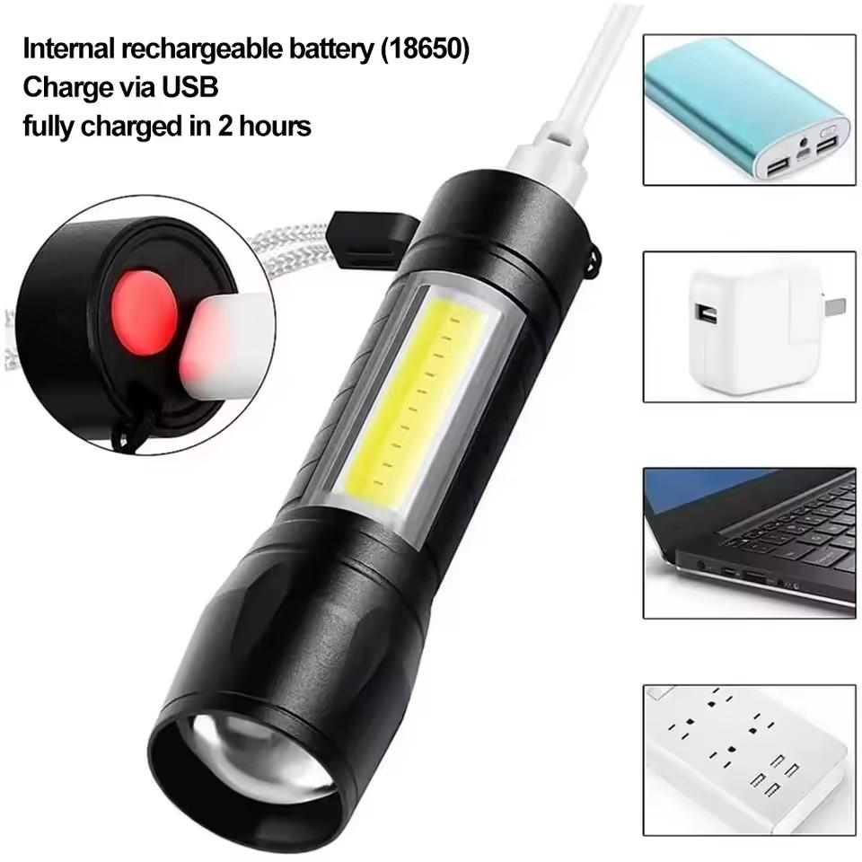 Mini LED Rechargeable Flashlight, COB+XPE Zoomable Torch, 3 Mode, Built in Battery Flashlight, Outdoor Camping Emergency Lantern