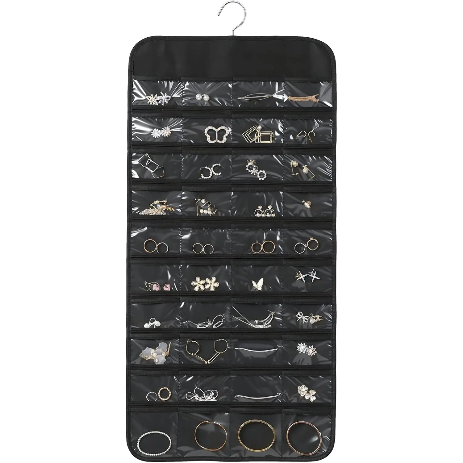 Black Transparent Synthetic Wall-Door Closet Organizer - 80 Double-Sided Pockets, Room Accessories for Daily Use to Store Earrings, Necklaces, Rings, Jewelry
