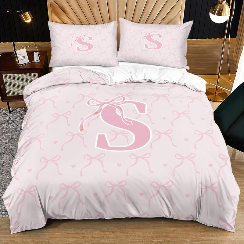 Letter Bow Pattern Soft Durable Bedding Set, Includes 1 Fitted Sheet & Pillowcases, Modern Style Bedroom Decor Gift for Teens Adults, Soft Bedding Sets
