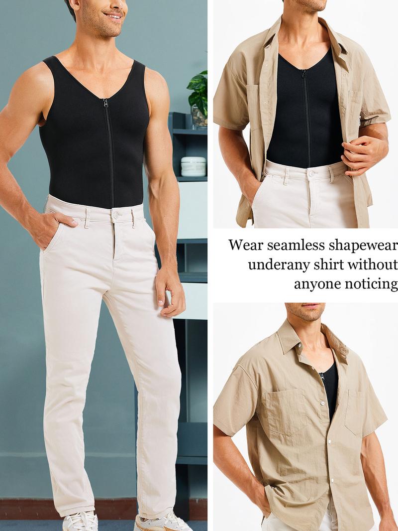 Men's Solid Zipper Bodysuit, Adjustable Zipper Shapewear, High Stretch Tummy Control Shapewear for Men, Compression Shirts Full Body Shapewear for Men