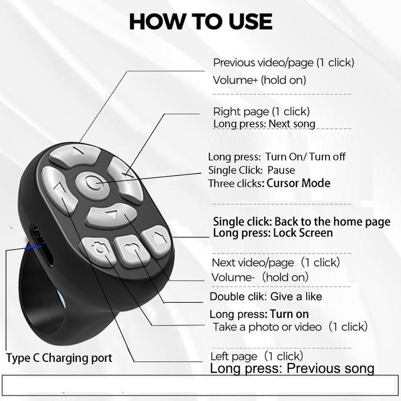 Multi-function BT Wireless Ring Remote Control Portable Fingertip Selfie Video Controller Automatic Page Turner Browsing For Phone