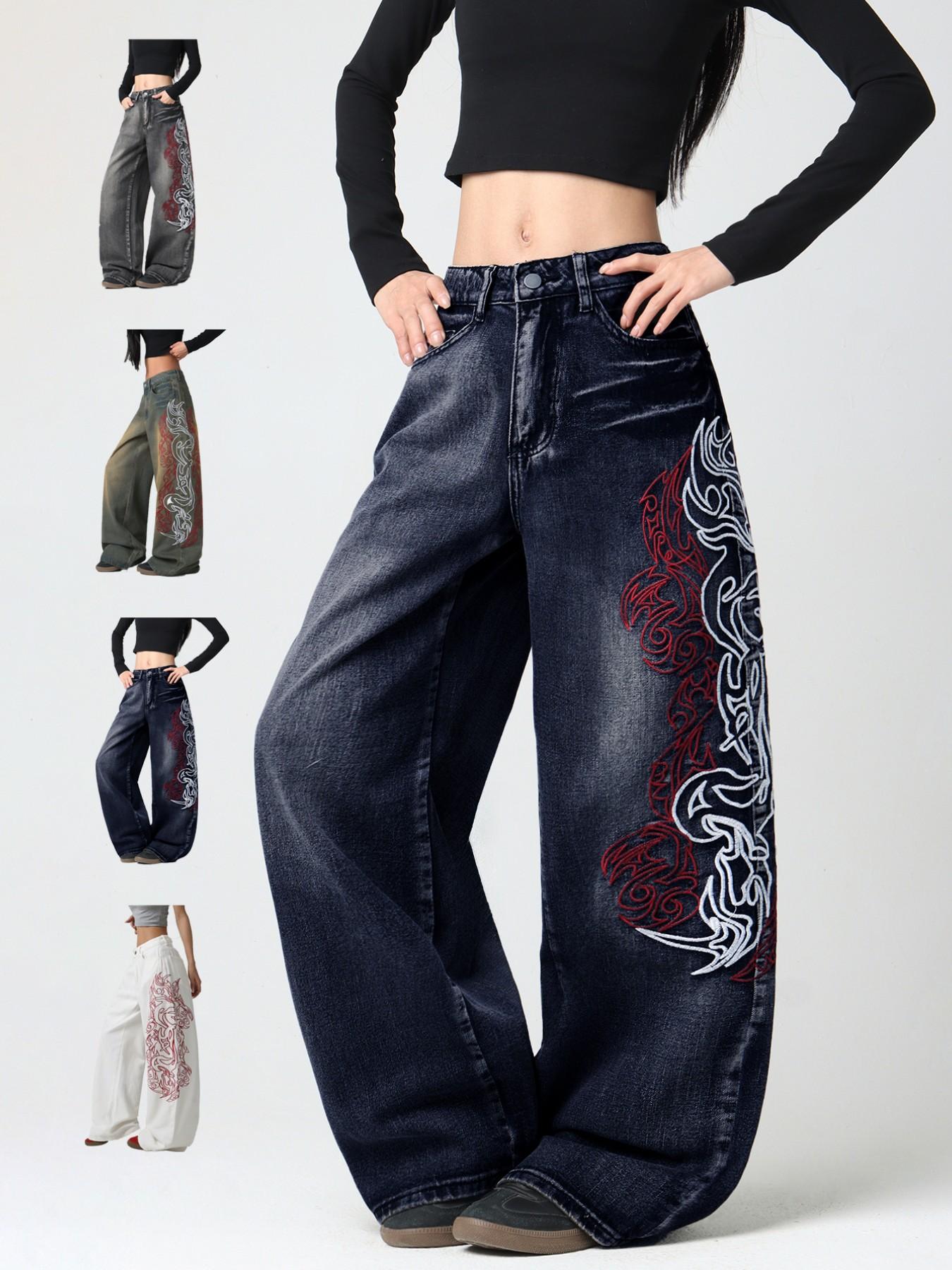 Women's Totem Embroidered Jeans, American Street Style, Comfortable Loose Fit, Trendy Wide Leg Pants, Fashionable All-Season, Casual Comfy Denim, Embroidered Denim Pants, Denim Clothing