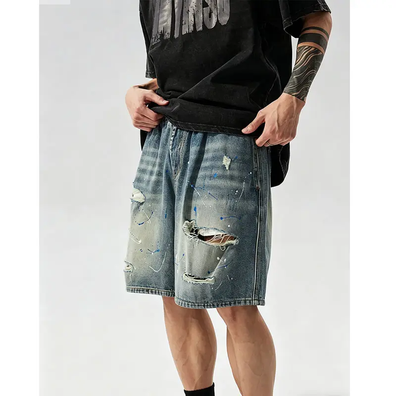 Z382 Men's denim shorts, trendy high street style, heavy-duty ripped, distressed, lace-up, loose-fitting, casual mid-length shorts