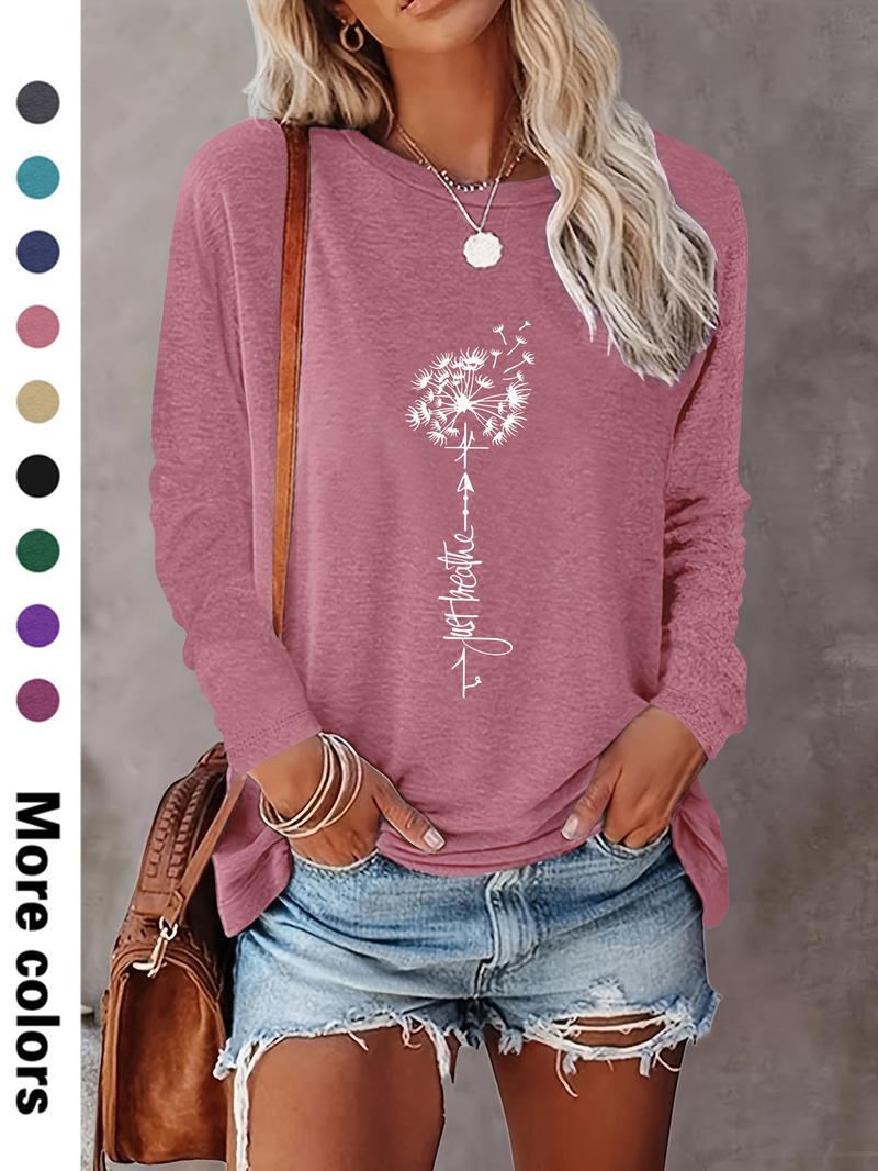 Women's Floral & Letter Print Crew Neck Tee, Fashion Casual Long Sleeve T-shirt for Daily Outdoor Wear, Ladies Clothes for Spring & Fall