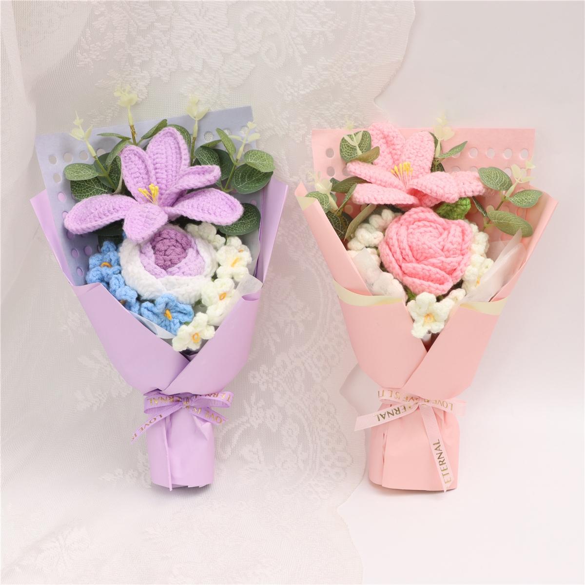 Realistic Tulip Rose Bouquet, Handmade Knitted Flower Arrangement, Crochet Artificial Flowers, Wedding Decoration, Christmas Valentine's Day Gift, Party Present