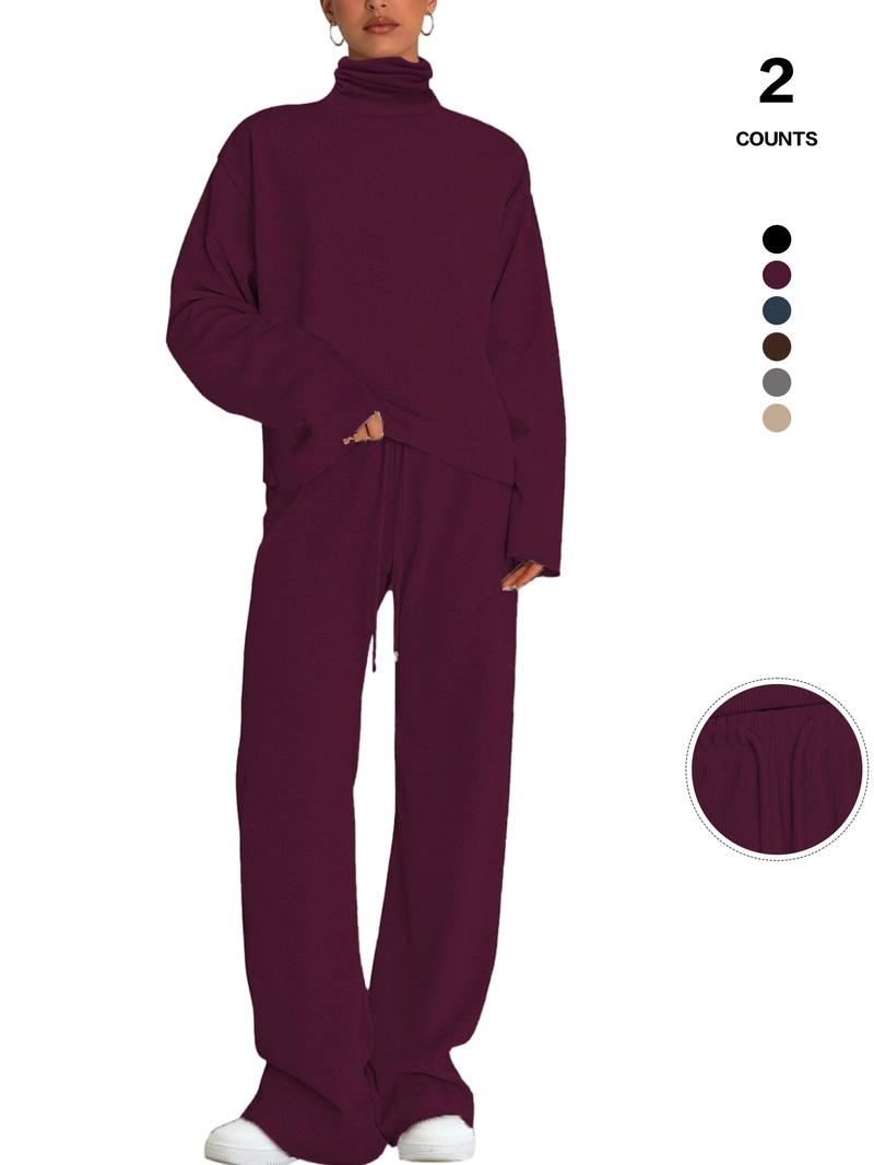 Women's 2 Piece Set Outfits Lounge Sets Ruched Short Sleeve Tops High Waisted Wide Leg Pants Tracksuit Sets, Elegant and casual high-round-neck long-sleeved basic two-piece set Casual Loungewear Set