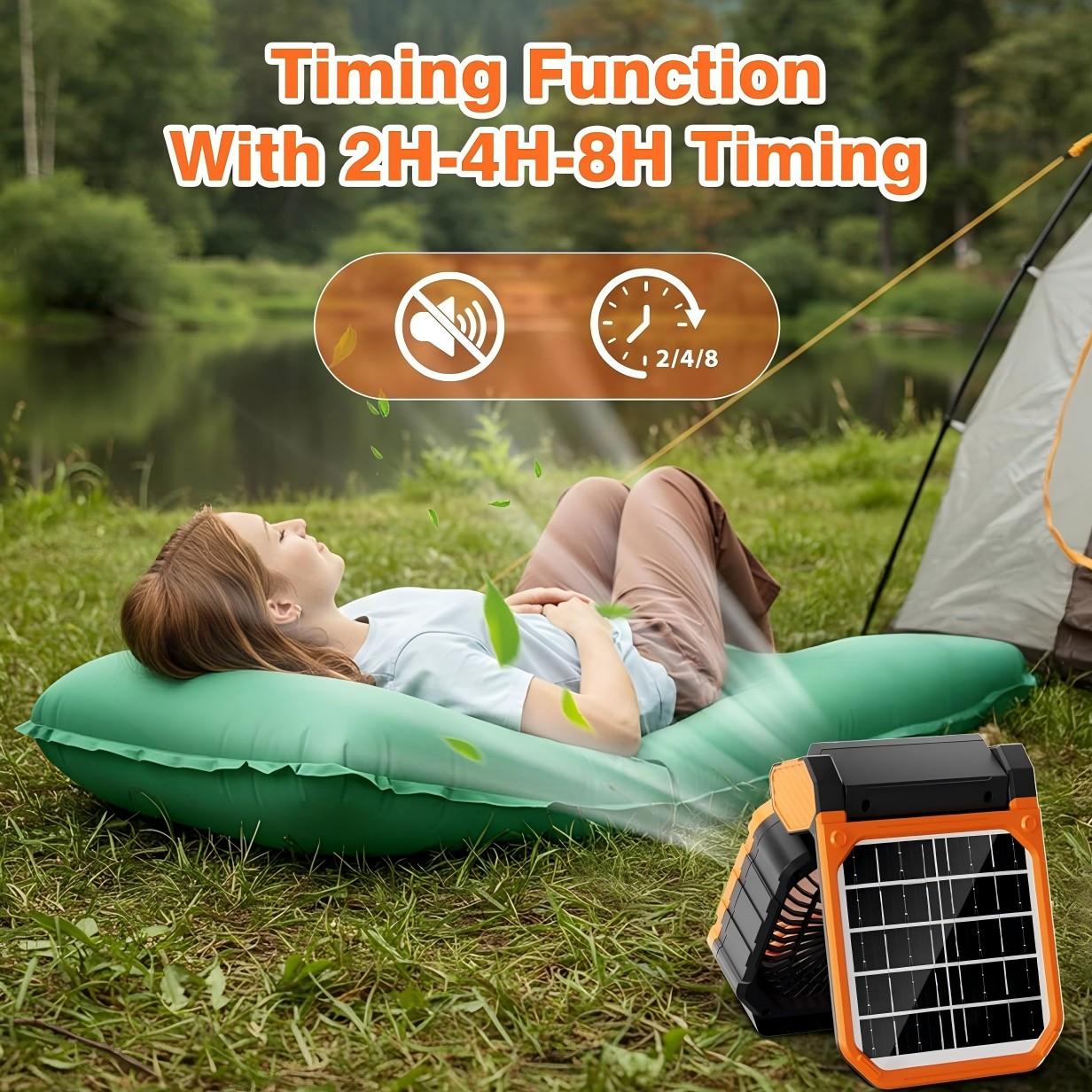 New Solar Powered Outdoor Fan with Solar Panel, Portable USB Charging, 4 Speeds, 3 Light Modes, Ultra Quiet, Timer, Camping Tent Fan