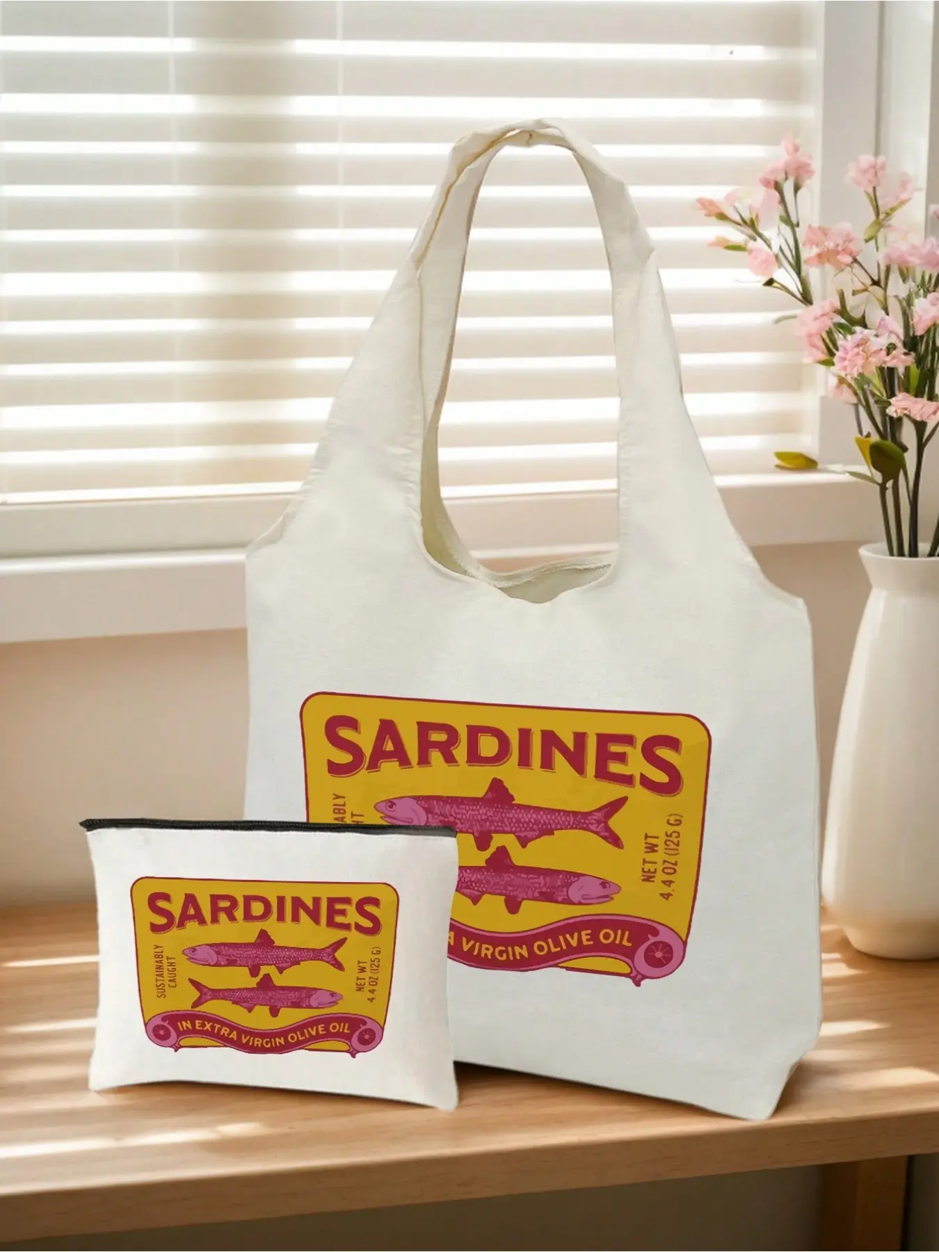 Vintage Sardine Pattern Handbag and Makeup Bag Set, Large Capacity, Shoulder or Crossbody, Unisex, Perfect for Travel and Gifts