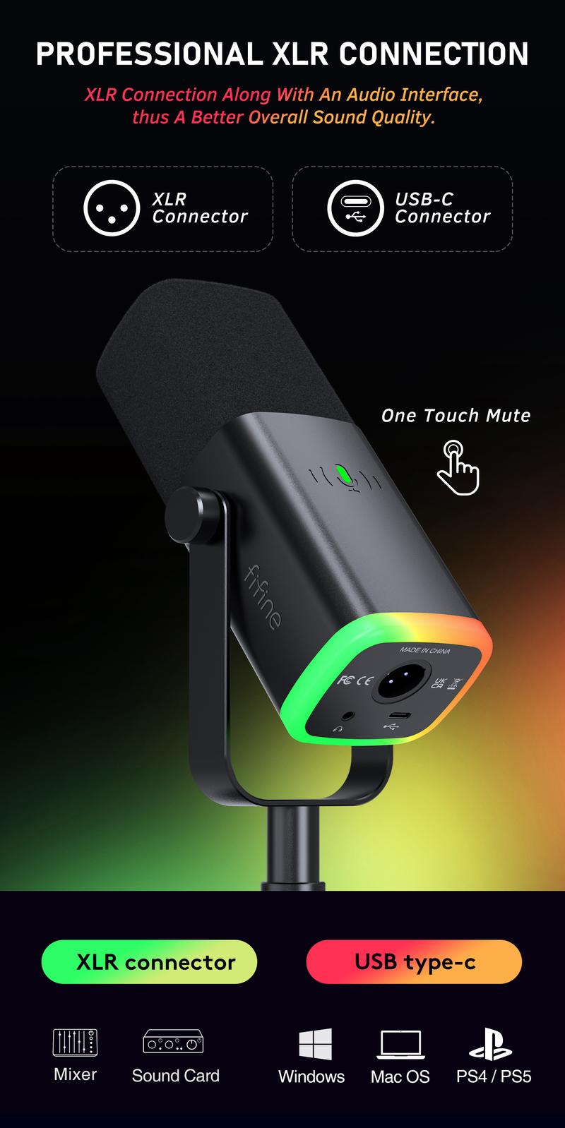 FIFINE AM8 XLR/USB Gaming Microphone for Podcast Recording, Dynamic RGB Mic with Quick Mute, headphone jack, Gain Knob, Volume Control, Desktop Mic for PC Gamer, XLR mic for audio interface mixer, for smartphone