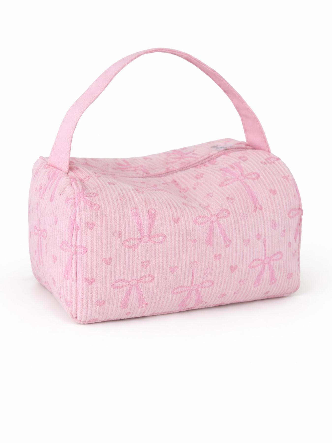2026 Cute Pink Bow Makeup Bag, Corduroy Cosmetic Organizer Pouch, Large Capacity Travel Toiletry Bag, Portable Vanity Case for Girls