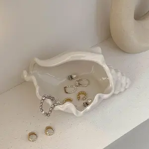 Conch Shaped Ceramic Jewelry Tray, Oval Ocean Theme Decorative Storage Box, Multi-Purpose Ring Earring Necklace Bracelet Key Holder
