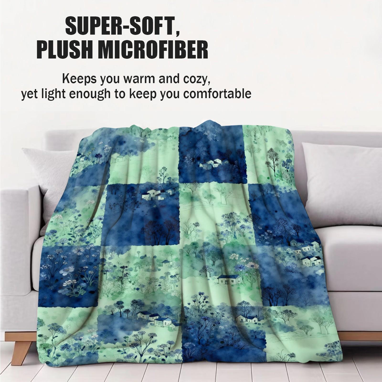 1 Piece Watercolor Landscape Checkered Blanket, HD Digital Single-Sided Printed Flannel Throw Blanket, Ultra Soft Cozy Blanket for Sofa, Bed and Travel, Aesthetic Decorative Gift Blanket