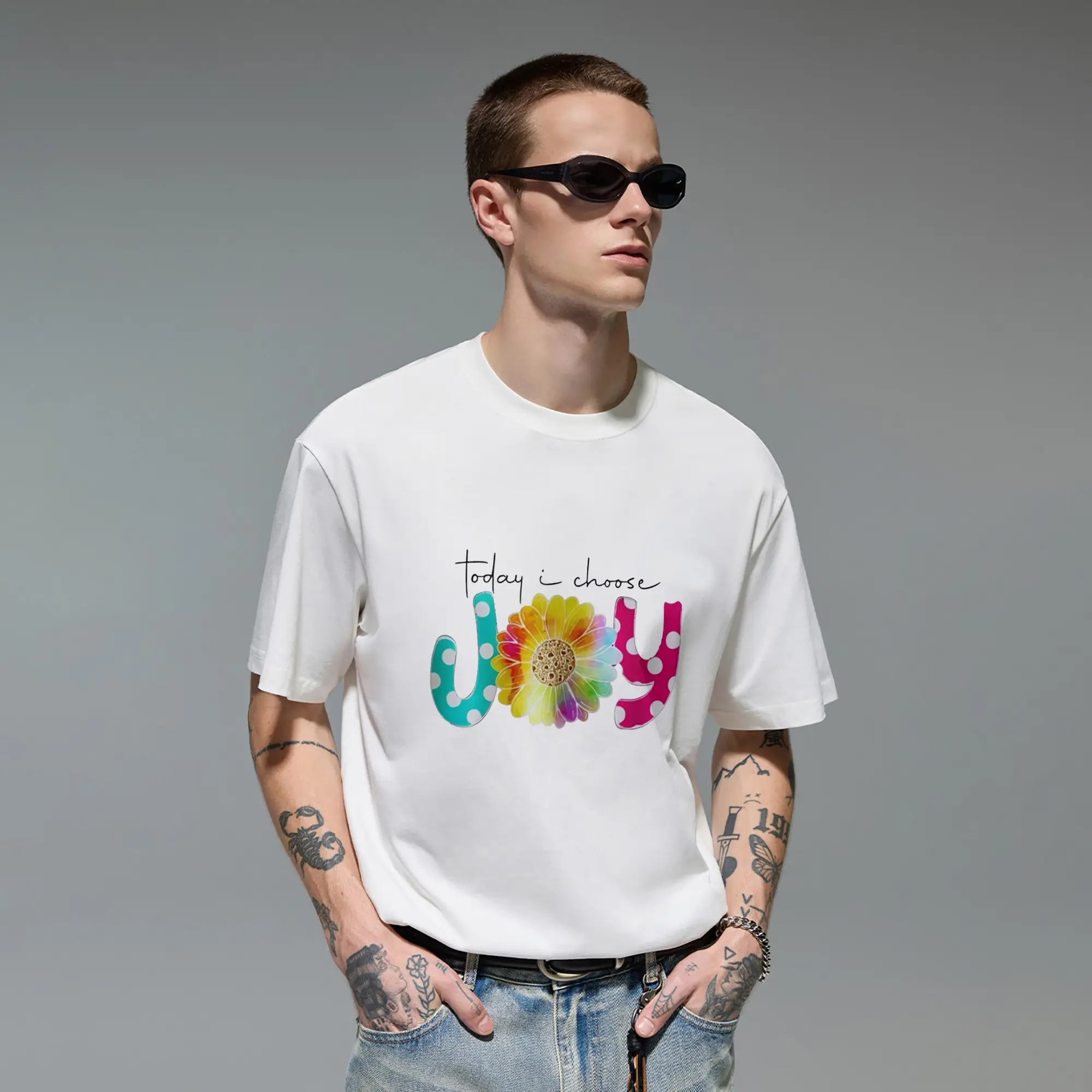 Today I Choose Joy Colorful Sunflower Retro Typo Original Oversized Cotton Graphic Tee T-Shirt for Men Gift Cutting Ideas Women Teacher Nurse Positive Affirmation Inspirational Quote Casual Everyday Wear Trendy Apparel Outfit Top Hippie Vibe