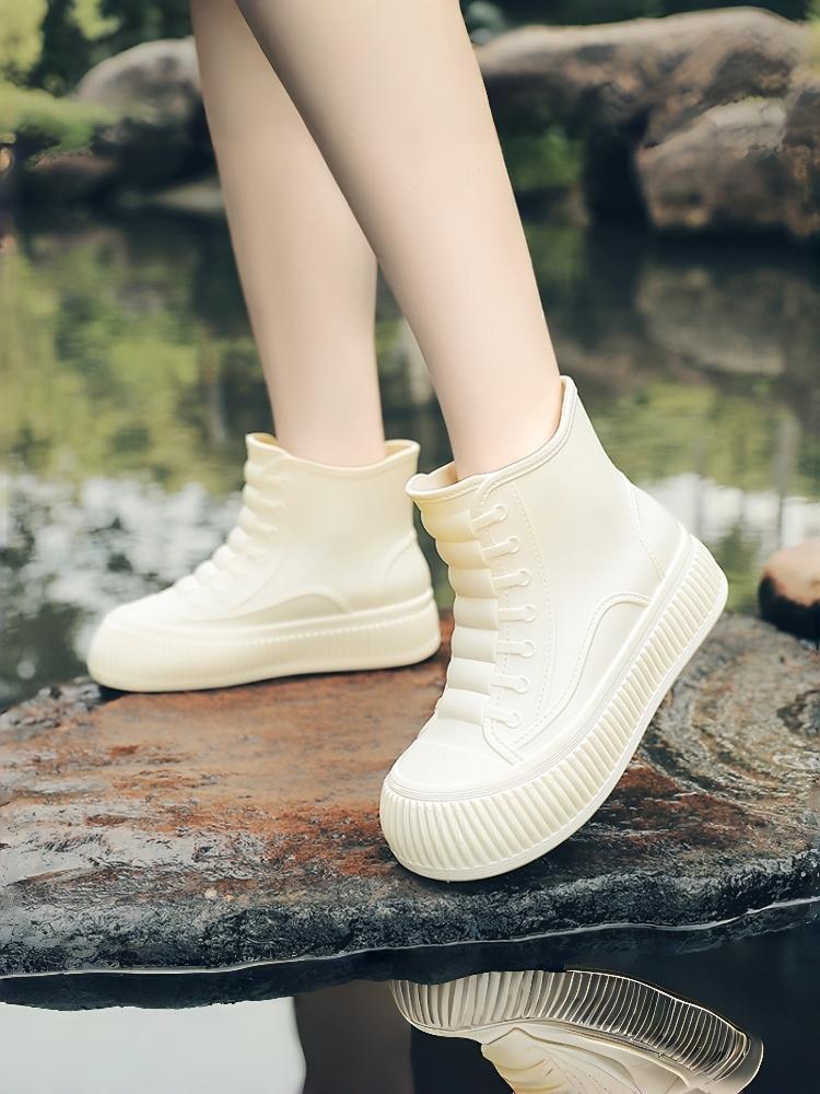 All-Around Vertical Deep Ridged Heighten Thick Sole Women High Top Rain Boots, Fluorescent Bright Green Matte Waterproof Rubber Shoes For Light Camping Lake Photo Trip Footwear