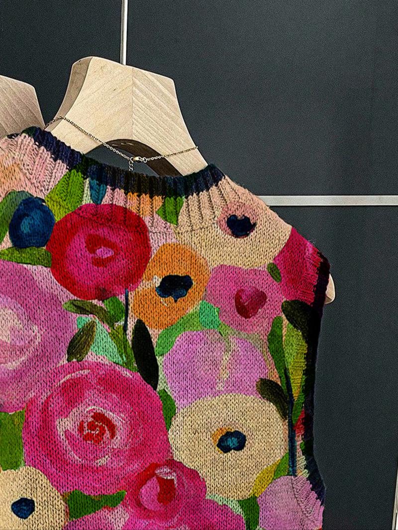 Women's Loose-Fitting Round Neck Sleeveless Knit Top, Floral Print Color-Blocked Cardigan, Casual Fall & Winter