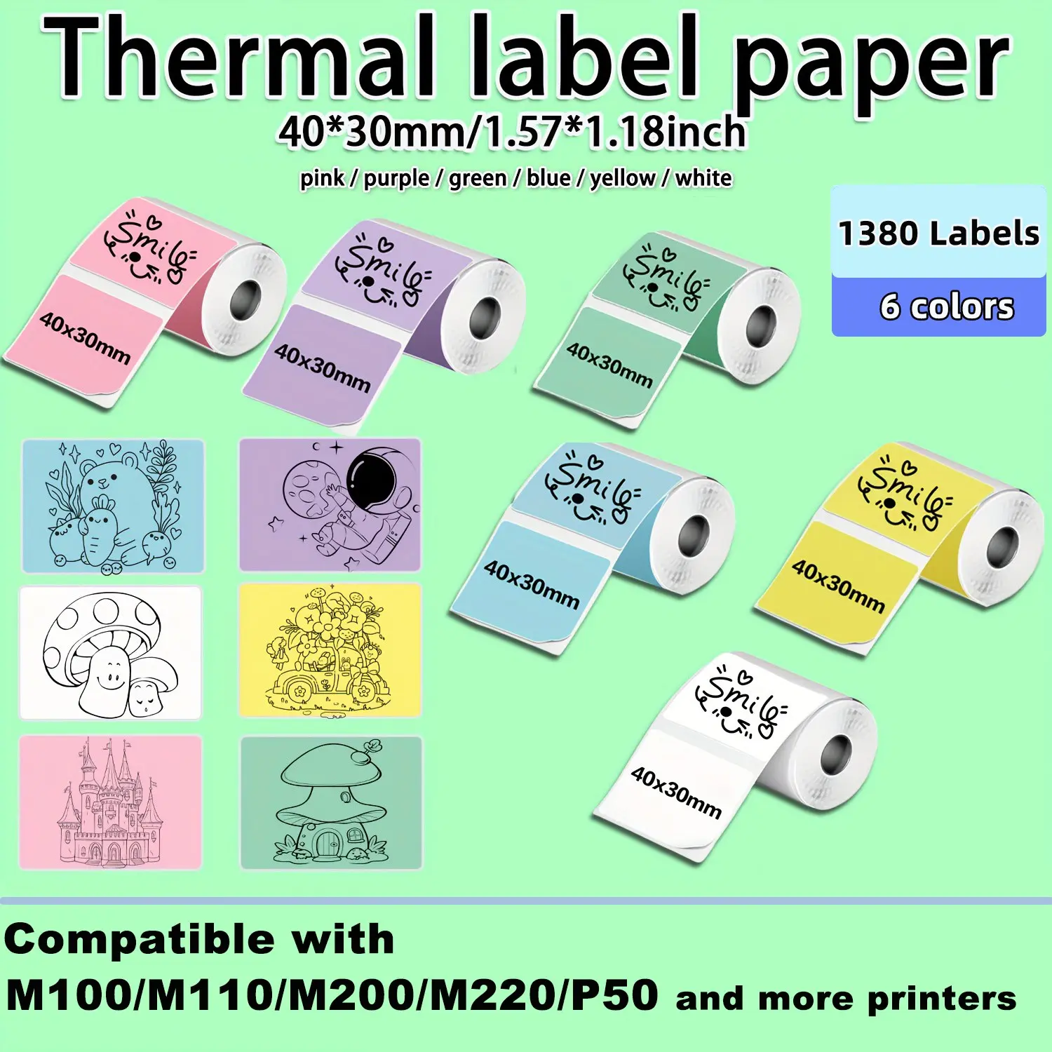 1380 Colorful Thermal Labels, 230 Labels/roll, 40x30mm, Compatible with M110/m108/m220/m200 Printers, Gift Tags, Store Items, DIY Notes