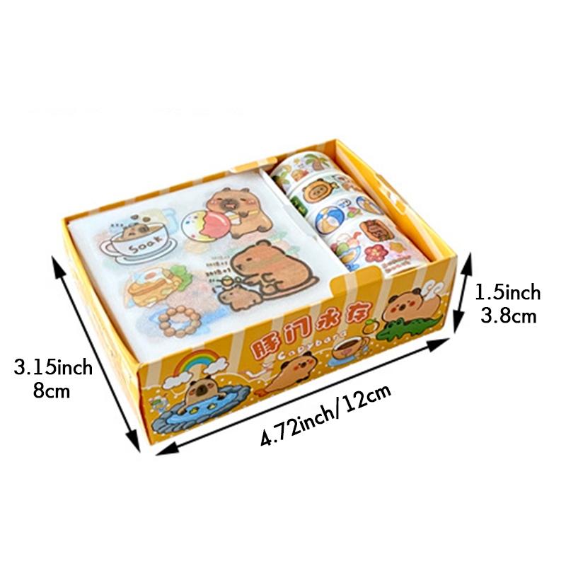 Capybara Themed Stationery Gift Set, 4 rolls of tapes and 4pcs stickers, DIY decorative stickers, suitable for decorating stationery, books, laptops, water bottles, mobile phone cases