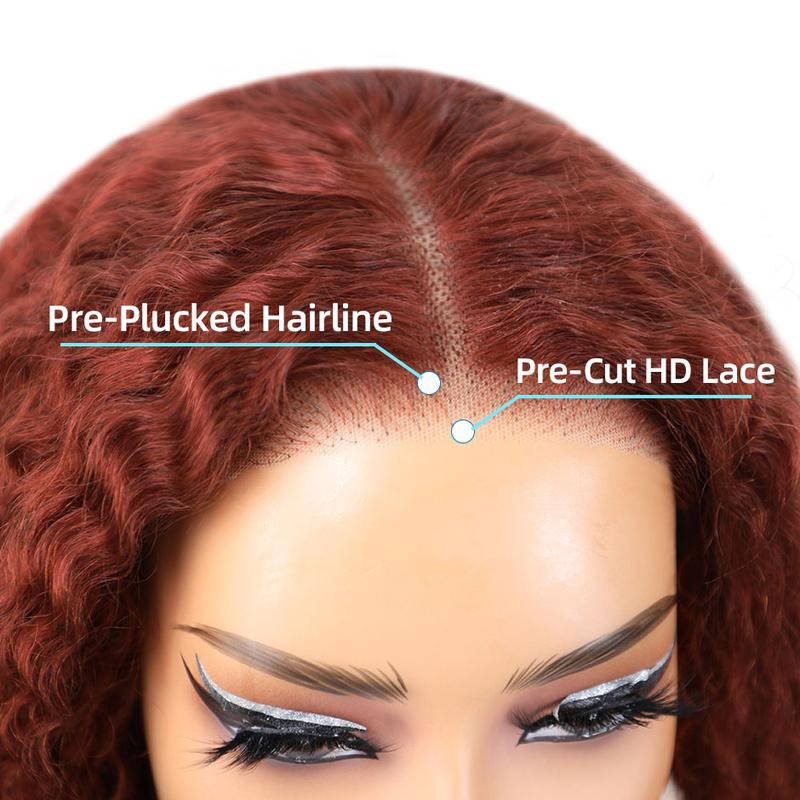MORE FACE #33 Reddish Brown Kinky Curly Wig Wear and Go Glueless Wig Human Hair Pre Plucked Pre Cut 6*4 Transparent Lace Closure Wigs Natural Hairline