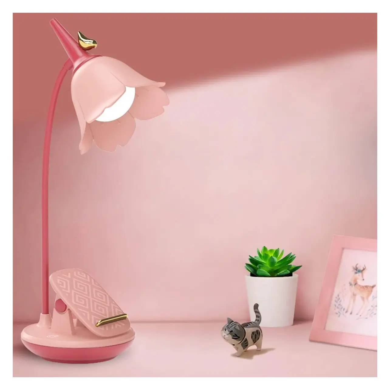 Pink Clamp Desk Lamp, Rechargeable LED Small Lamp with Adjustable Gooseneck, Dimmable Cute Light for Kids Girls Bedroom Dorm OfficeGift