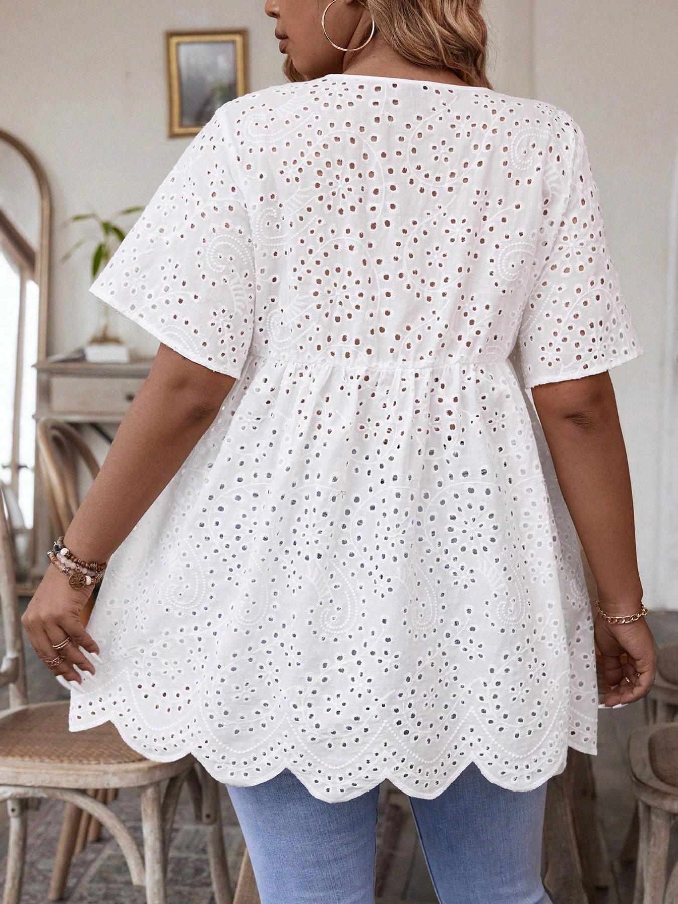 Plus Size French V Neck Embroidered Short Sleeve Top, High Waist Ruched Loose Fit, Breathable Shell Hem, Casual Babydoll Shirt