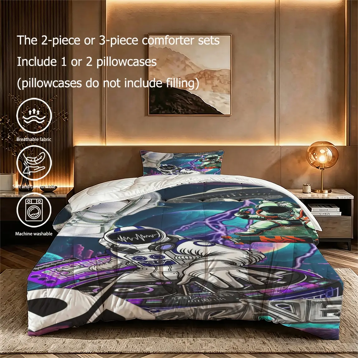 2/3pcs (1 comforter + 2 pillowcases) Space Astronaut DJ Printed Bedding Set, Ultra Soft Microfiber, Fade Resistant, Lightweight Breathable & Machine Washable All Season Comforter Set for Bedroom Dorm Home Decor