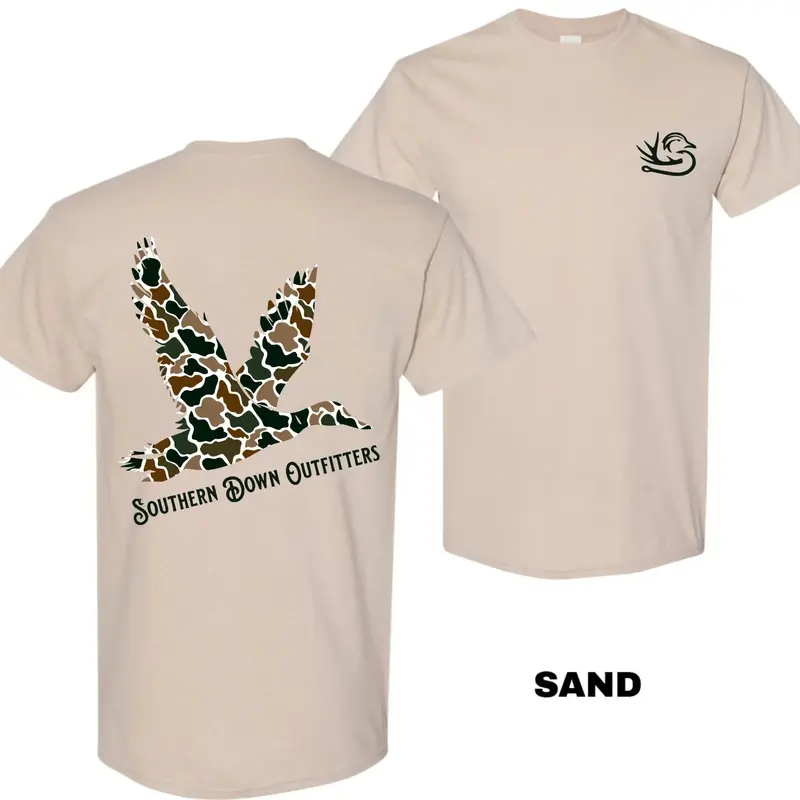 Southern Down Outfitters Camo Mallard T-Shirt, Double Sided Duck Hunting Graphic Tee, Southern Outdoor Casual Shirt for Men and Women, Menswear Top