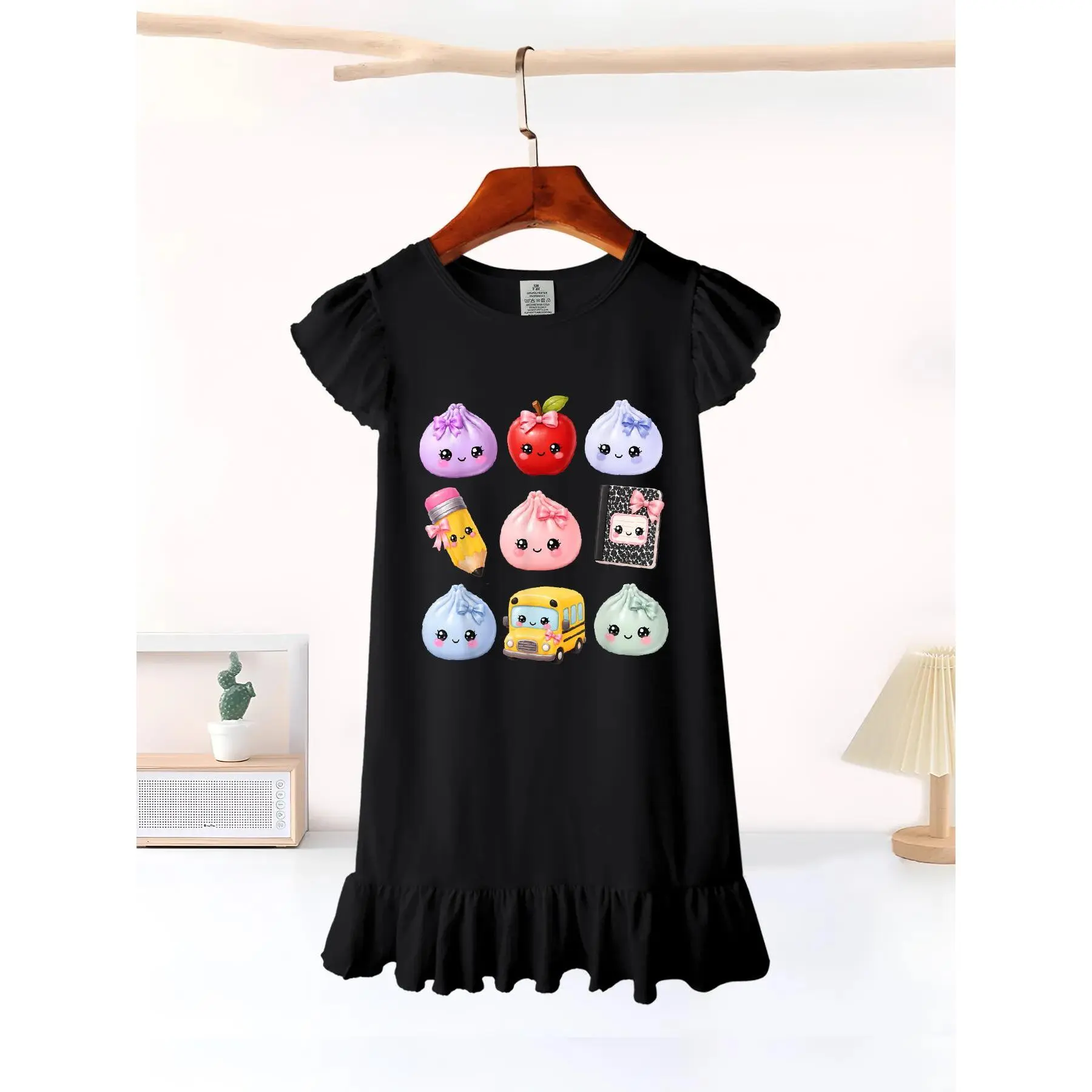 Girls' Knee-Length Crew Neck Summer Flutter Sleeve Casual Dress - Soft, Durable, Easy-Care, Cute Look, Graphic Print, Casual Wear - Ideal for School & Outdoor Activities - Local Warehouse, Knee Length Dress