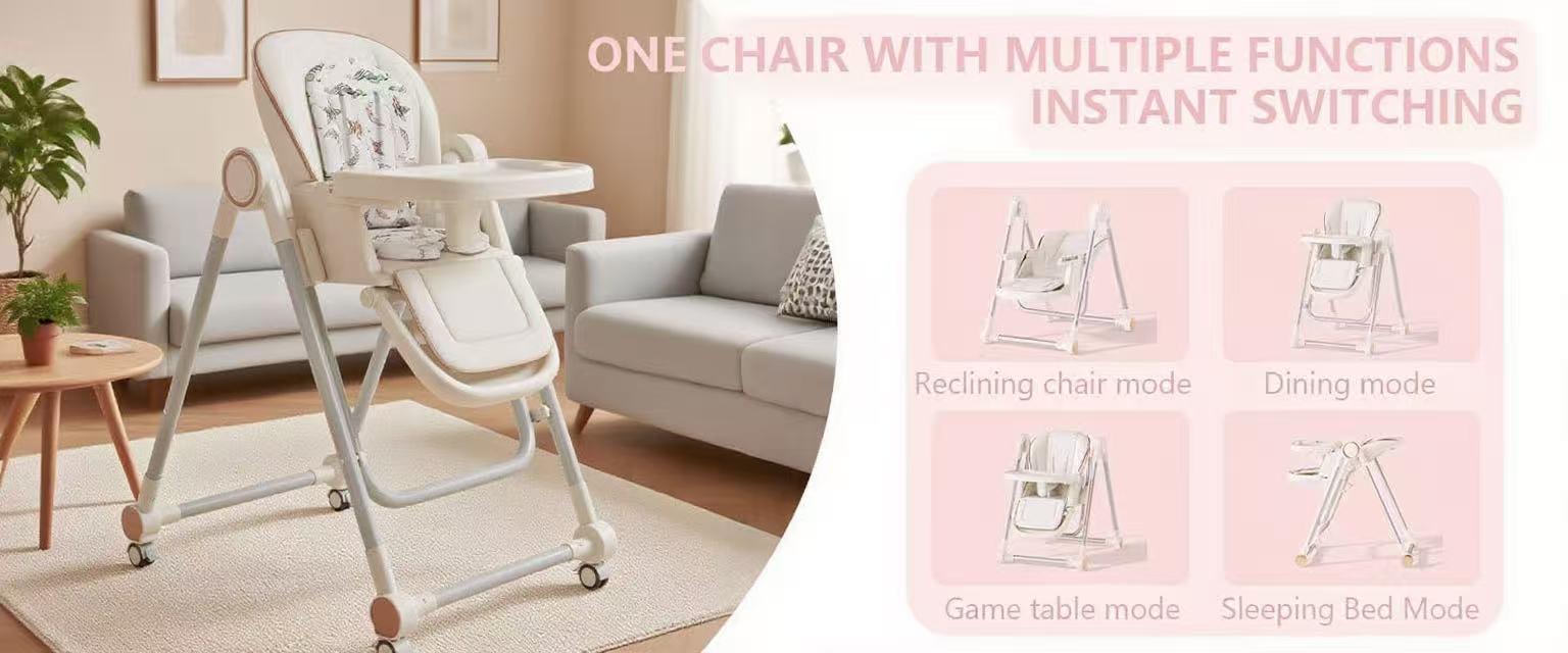 3-in-1 Baby High Chair & Swing, Foldable with Adjustable Tray, 4 Locking Wheels, Safe & Comfortable Baby Chair for Feeding, Play, and Rest