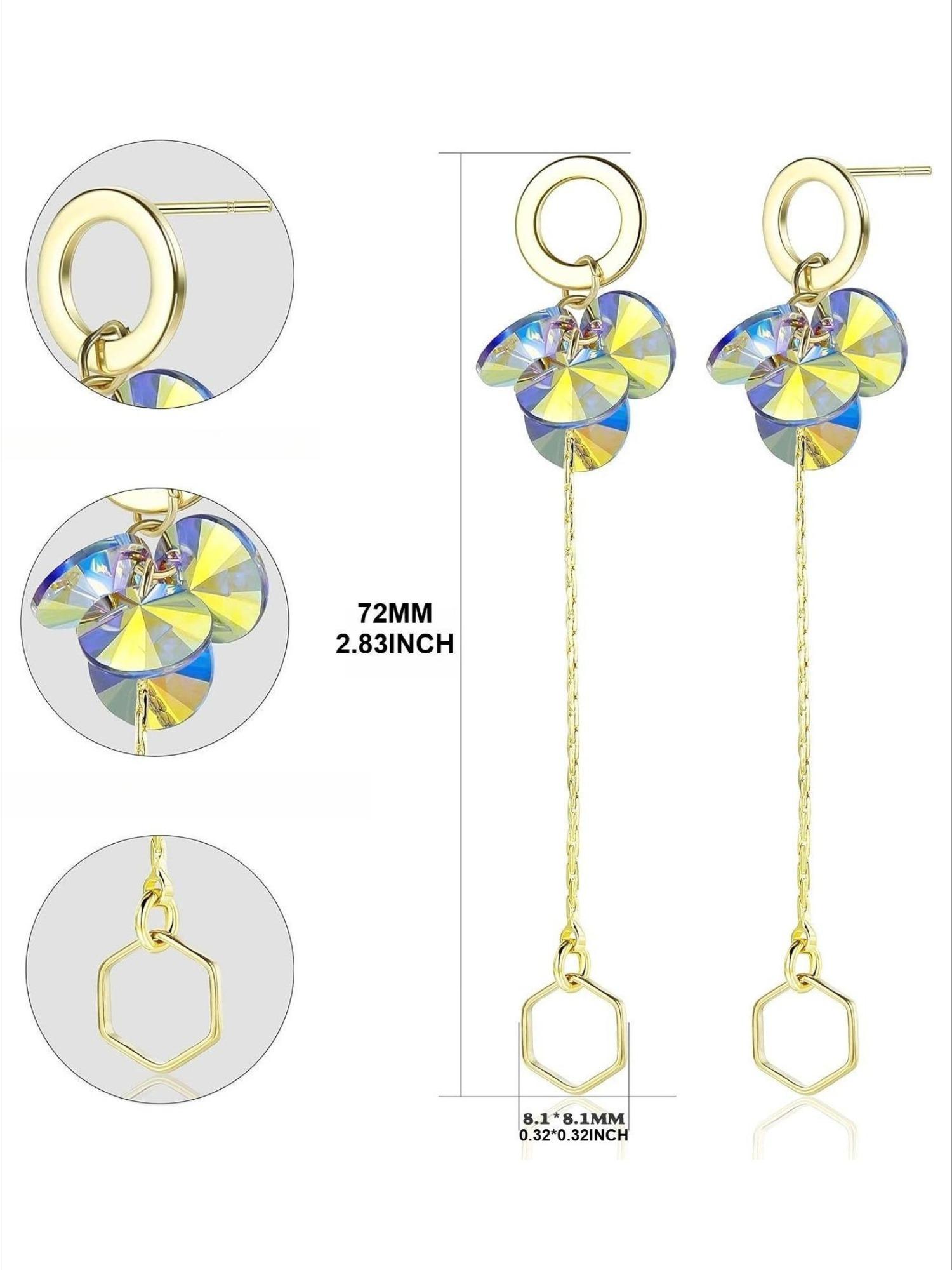 1 Pair Delicate Golden Long Chain Dangle Earrings for Women Men Beautiful Flower Clusters Shimmering Iridescent Swarovski Crystals Face-slimming Visual Effect Hypoallergenic Copper Construction Safe for Sensitive Skin