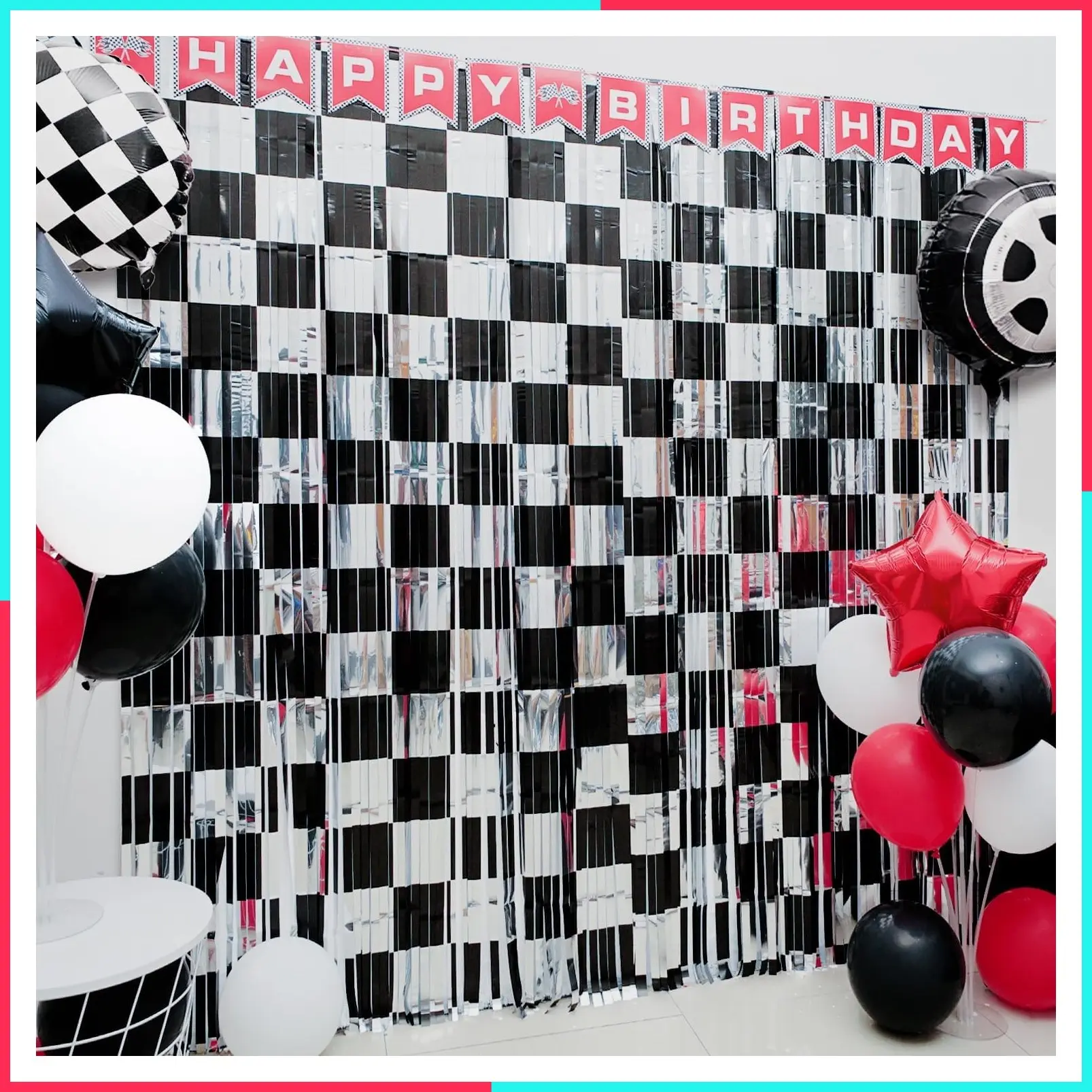 Race Car Birthday Party Decoration, 2 Pack Checkered Backdrop Photo Booth Prop, Black and Silver Fringe Curtains Tinsel Streamers, Race Car Theme Party Supplies