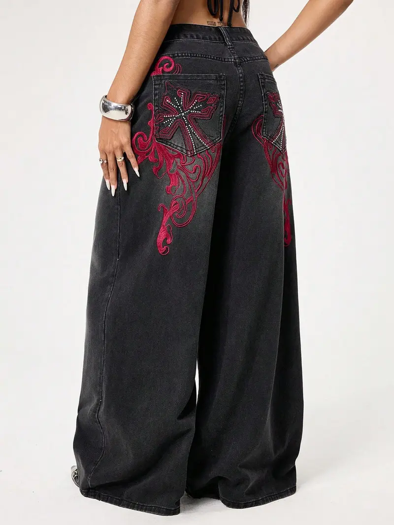 High Waist Black Washed Baggy Wide Leg Oversized Jeans for Women, Red Tribal Cross Embroidery Loose Fit Urban Hip Hop Denim Pants, Trendy Streetwear Trousers for US & Latin Girls Daily Casual Outfits