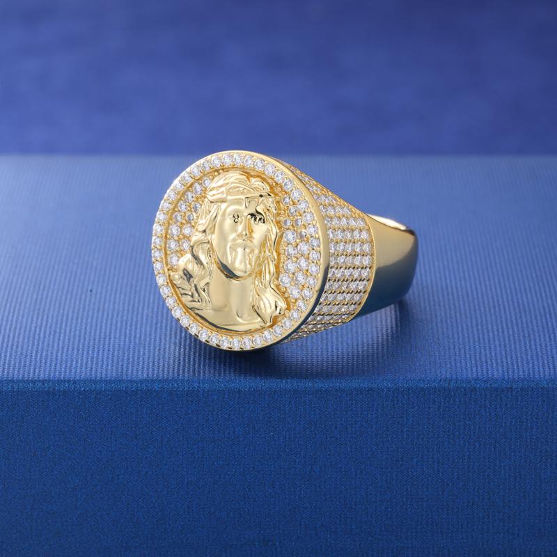 【#R426 】UCCIYO 18K Gold-Plated Round Jesus Ring with Lab-Grown Moissanite S925 Sterling Silver Moissanite Ring for Women Men Hip Hop Jewelry Gift