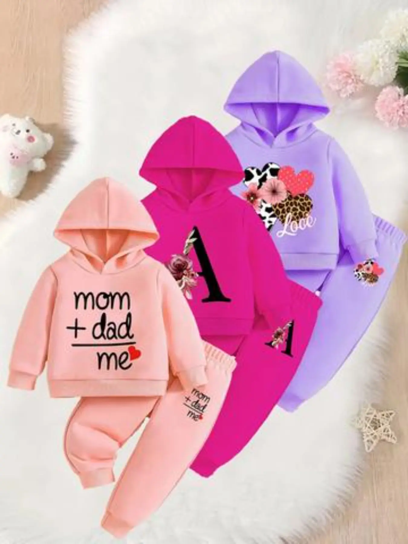 Girls' clothes 6-Piece Set Long Sleeve Hoodie and Pants, Urban Casual Heart Print, Fall Winter Fashion two piece set, streetwear everyday comfort, Hooded Set