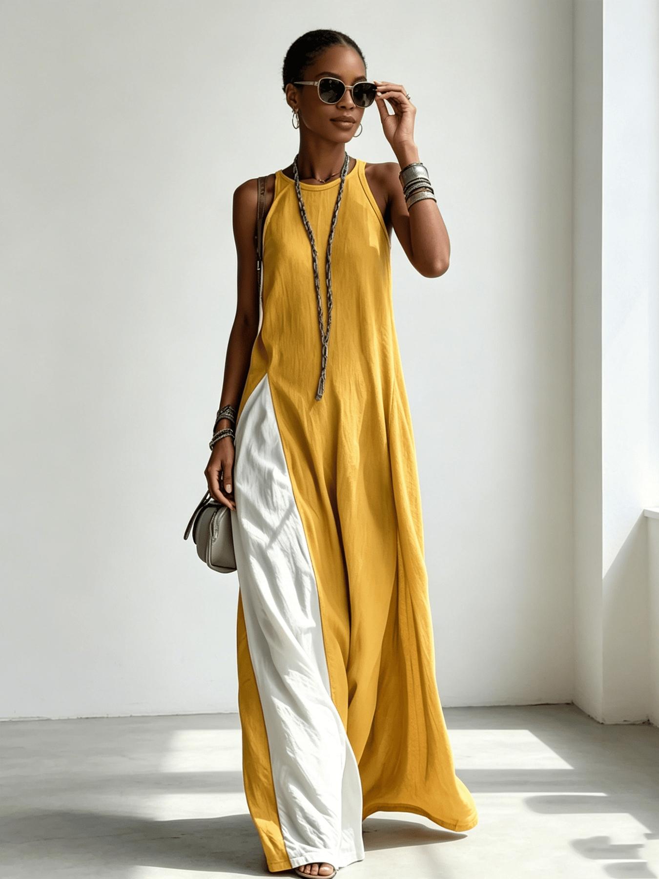 A women's color-blocking dress, Casual Beach Dress, Beach Resort Wear, with sleeveless vest, draping and flesh-concealing long skirt, suitable for summer, beach vacation, exploring shops, attending exhibitions, dating, and enjoying afternoon tea