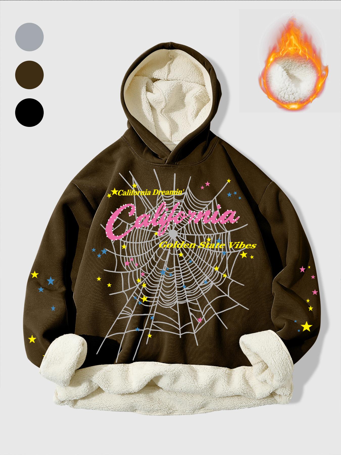 Men's Hooded Sweatshirt, Spider Web Pattern, Letter Print, Colorful Stars, Street Punk Style, Casual Fitted, Fall & Winter, Graphic Hoodie