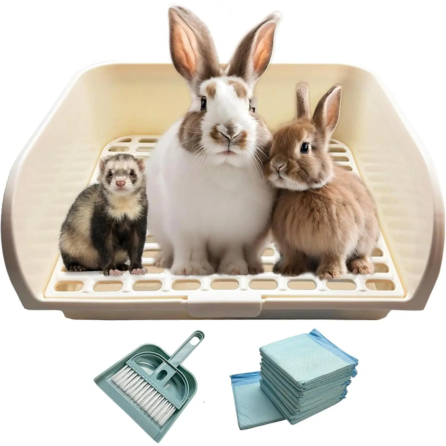 Kiwi & Mora Rabbit Litter Box - Extra Large Bunny Litter Box with Grate| 17.1"x12.8", Pee Pads & Cleaning Set – Potty Training Litter Pan for Large Breed Rabbits, Guinea Pig, Ferret, Chinchilla