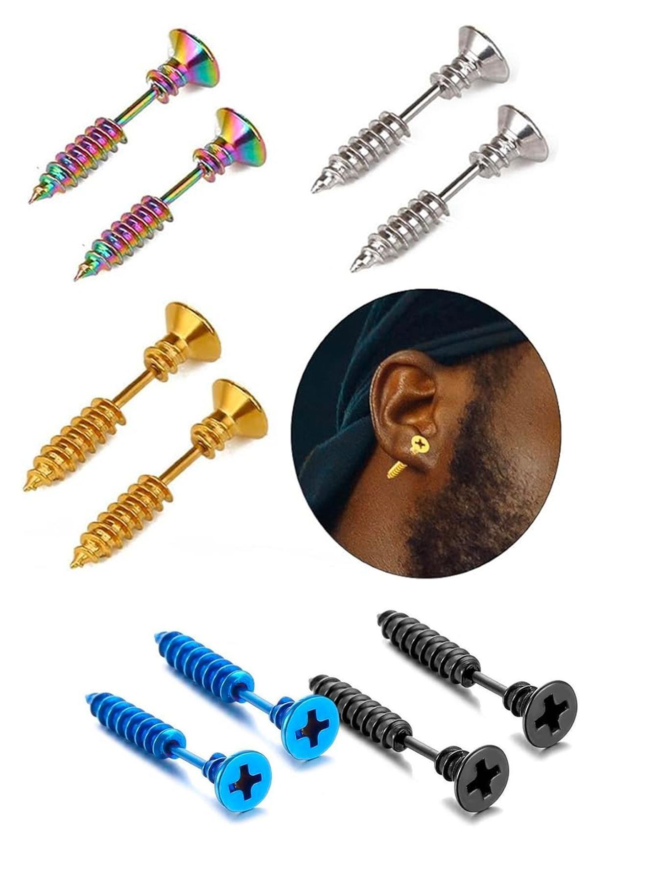 Unisex Stainless Steel Screw Ear Studs & Safety Pin Earrings, Punk Hip-Hop Design, Hypoallergenic, Cool Grunge Style, Piercing Jewelry