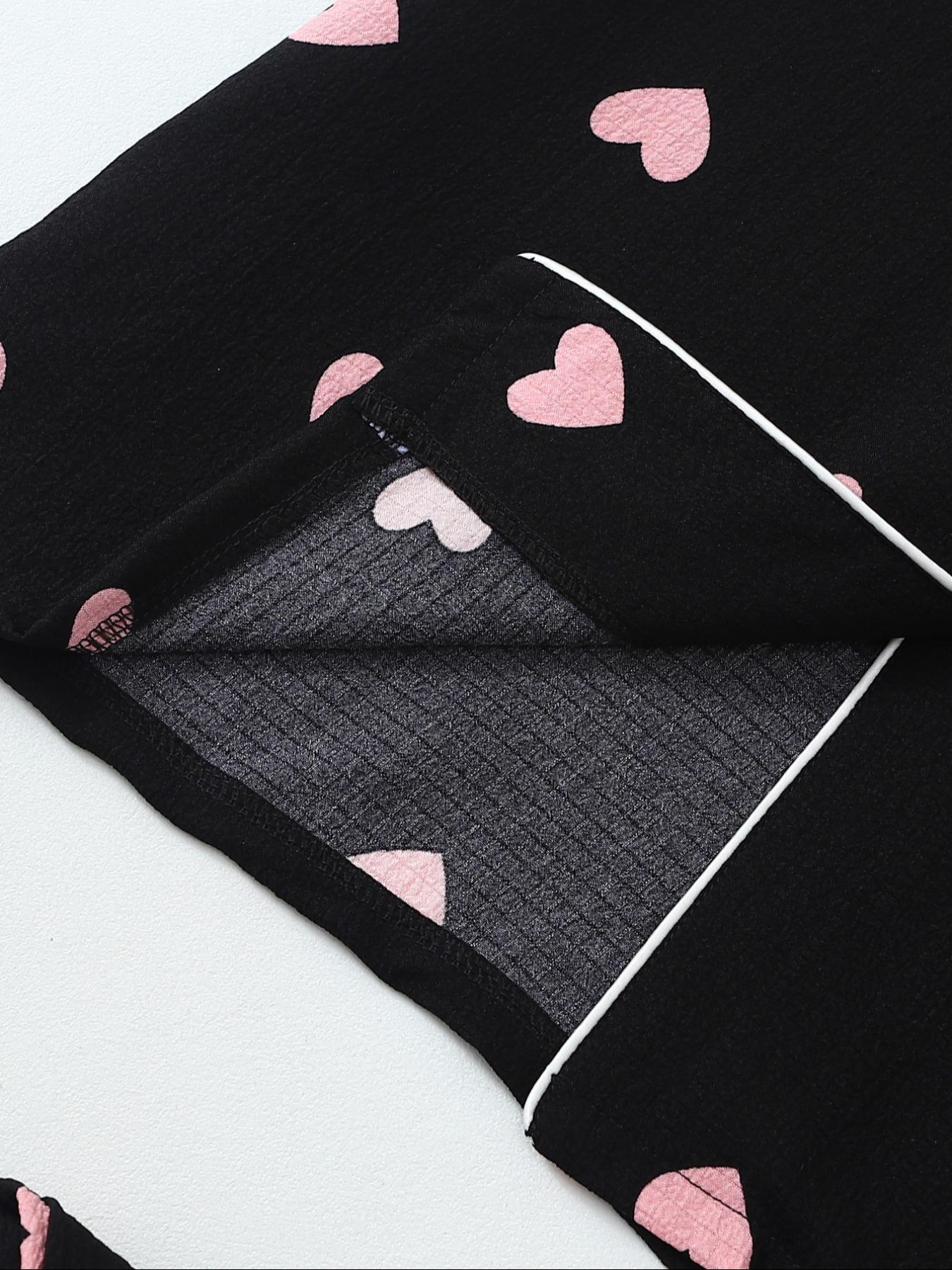 Women's Two-Piece Pajama Set, Fitted Casual Comfortable Woven Lapel Pocket Heart Shirt Short Sleeve + Elastic Waist Home Pants, All-Season Sleepwear Loungewear