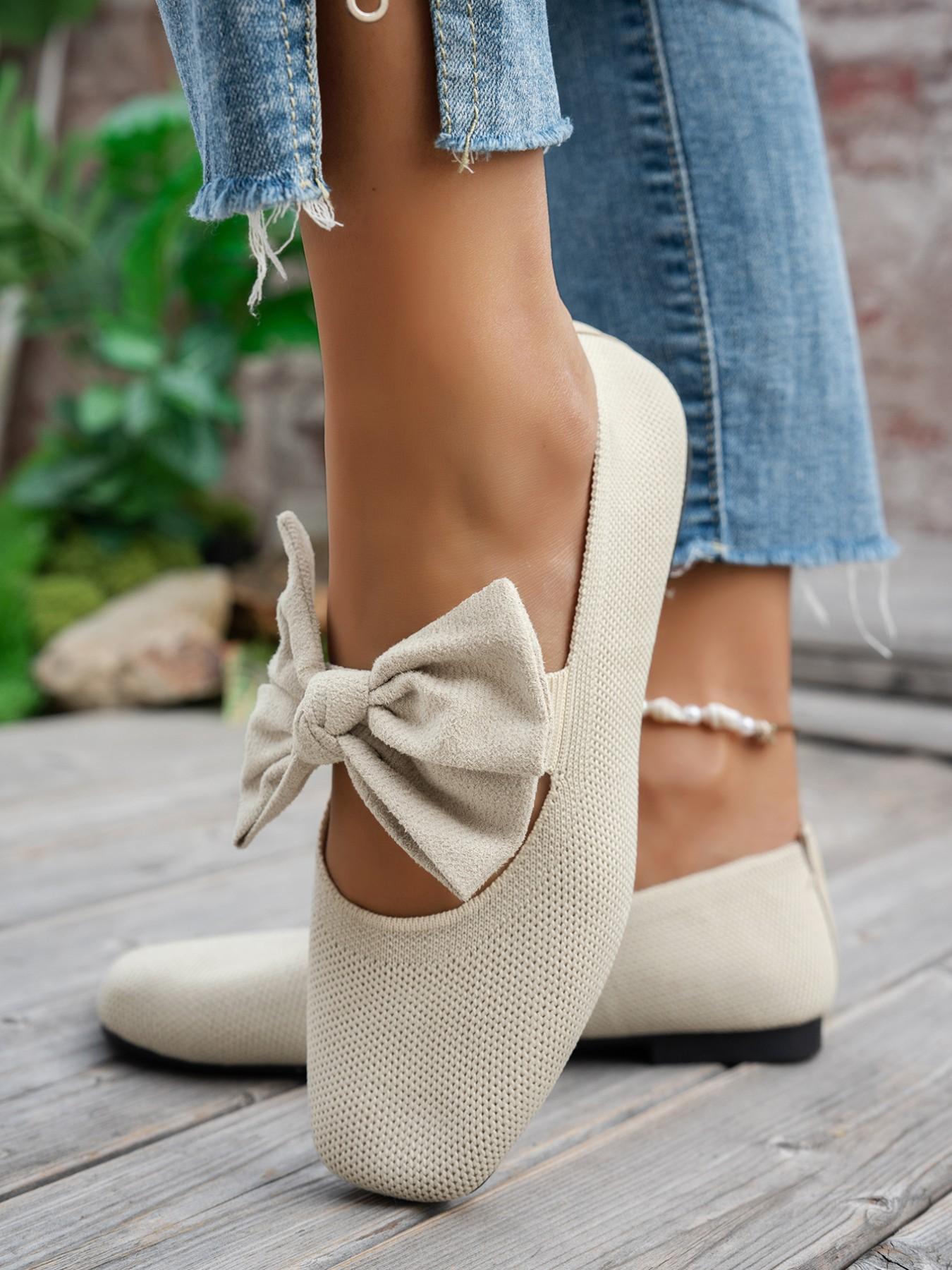 Women's Knitted Shoes, Retro Square Toe Mary Jane Flats, Comfortable Low Heel Single Shoe, Fashion Commuter Shoes with Large Bow Decor
