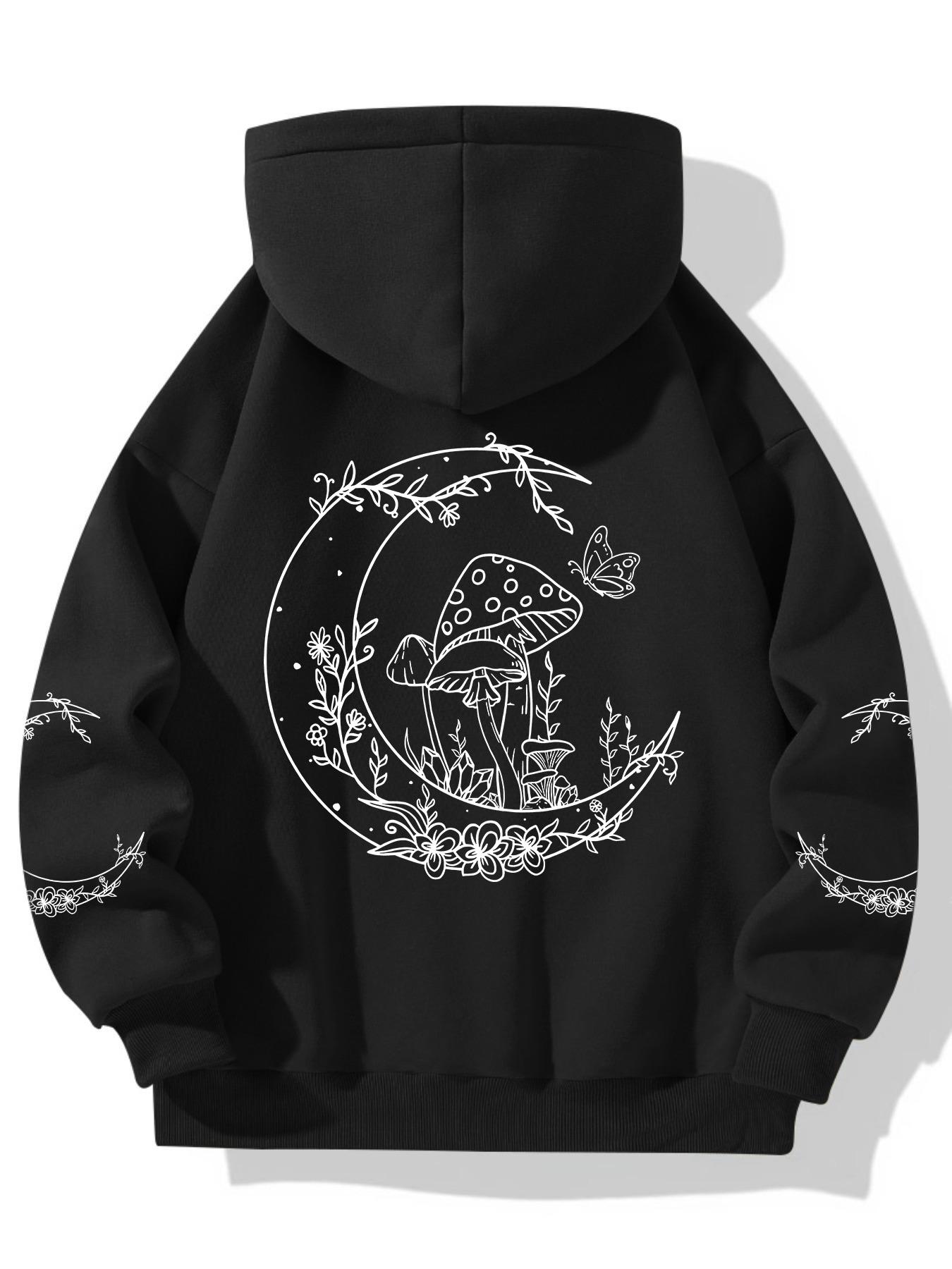 Women's Moon & Mushroom Print Drop Shoulder Hoodie, Casual Trendy Long Sleeve Hooded Sweatshirt for Daily Wear, Ladies Clothes for Fall & Winter