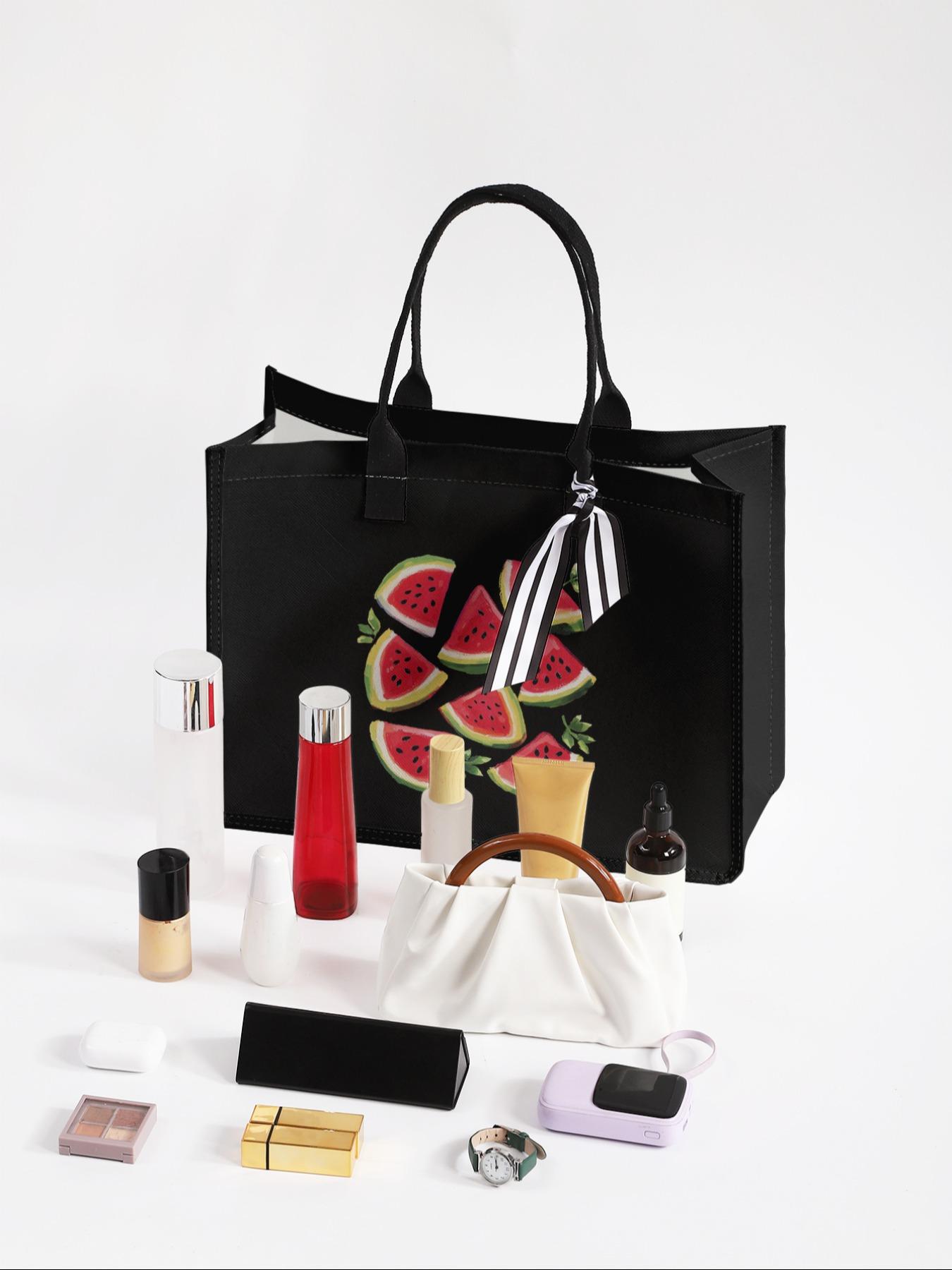 Large Capacity Watermelon Pattern Storage Bag, Fashionable Shopping Bag, Durable Handle, Space Saving Multi-Purpose, Ideal for School, Travel, Shopping