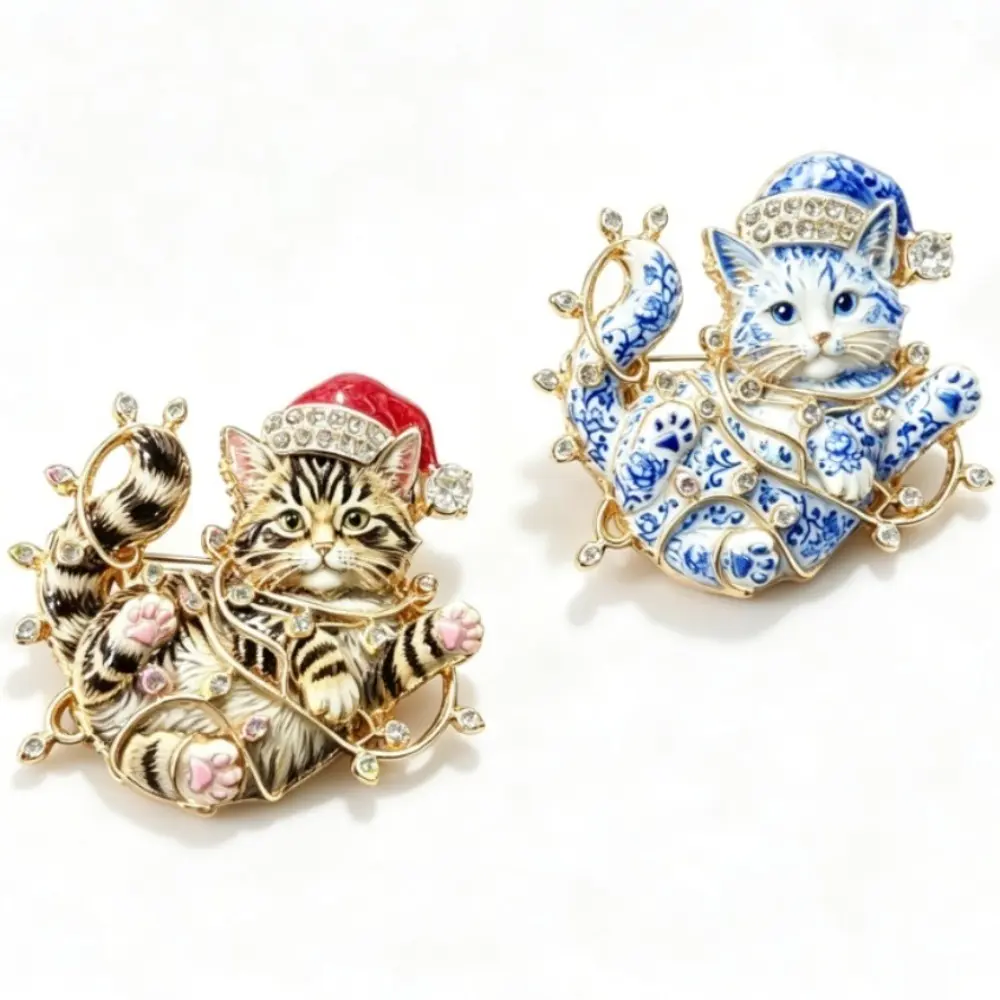 Christmas Cat Brooch Enamel Rhinestone Santa Hat Lapel Pin Unisex Coat Corsage Accessory